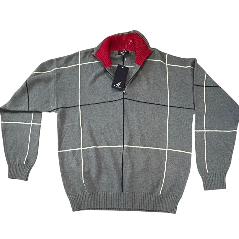 Nautica NWT 1/4 Zip Sweater Gray Windowpane Plaid SZ L Mens - Picture 1 of 5